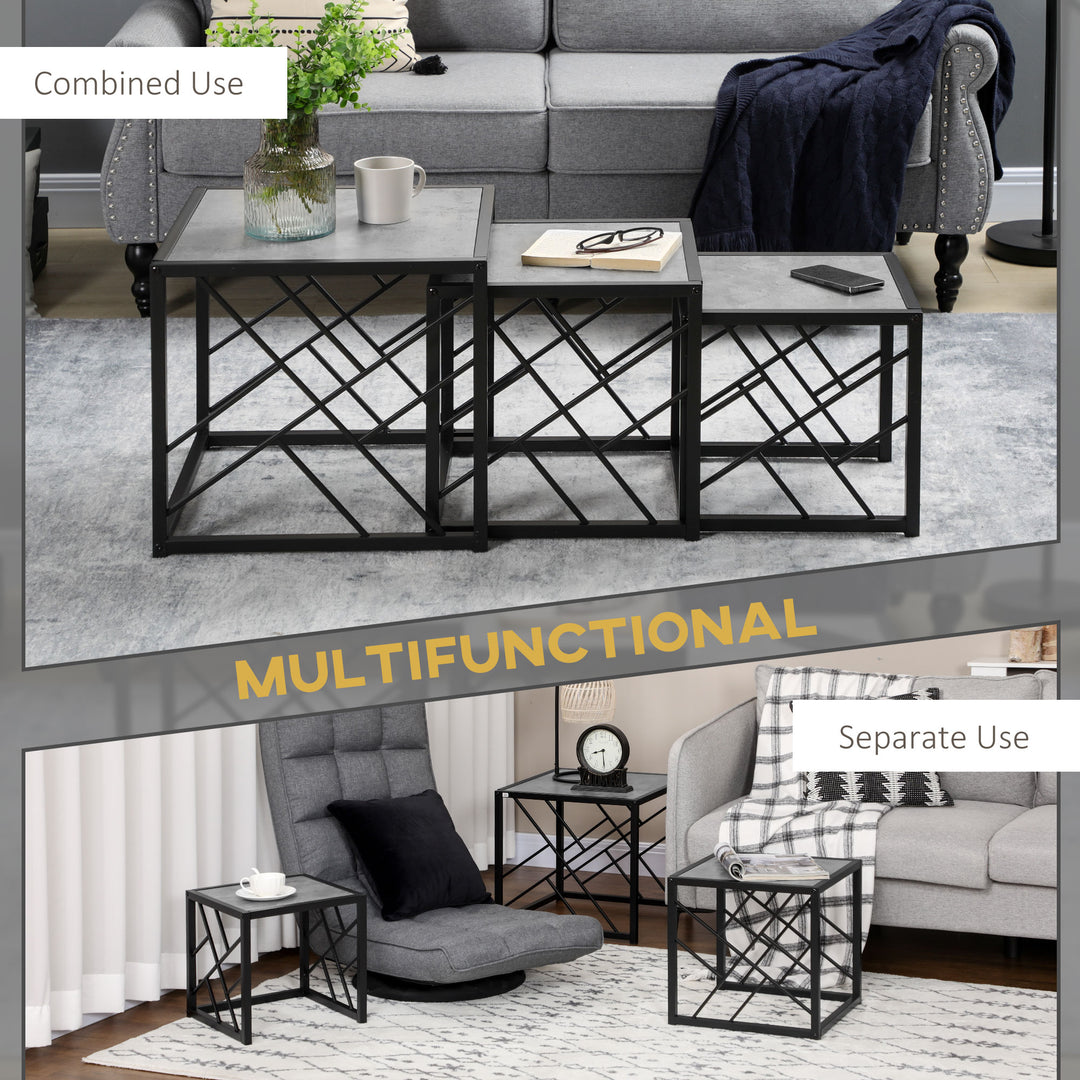 HOMCOM Set of 3 Nest of Tables, Square Side Tables with Black Metal Frame, for Living Room, Bedroom and Office, Grey