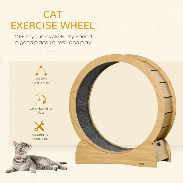 PawHut Cat Treadmill, Wooden Cat Exercise Wheel with Carpeted Runway, Cat Running Wheel w/Brake, Cat Tree for Physical Activity, Natural Wood Finish