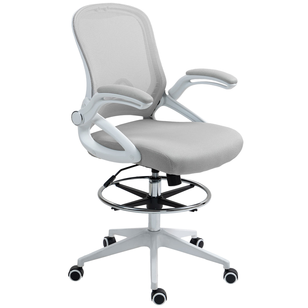 Drafting Chair with Flip-up Armrest, Mesh Office Stool with Foot Ring, 360 Degree Swivel Height Adjustable Chair for Standing Desk, Light Grey