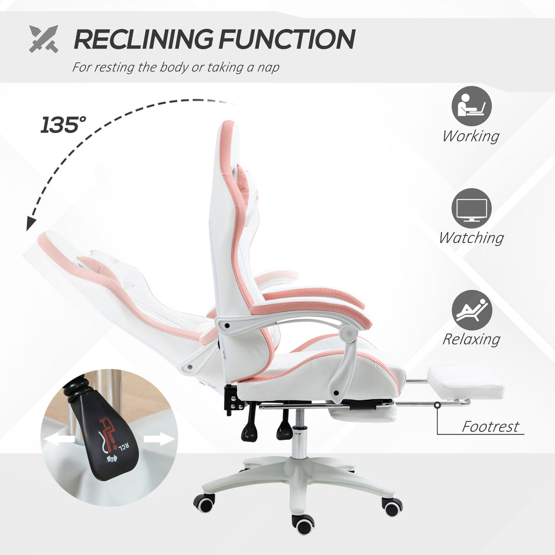 Computer Gaming Chair, PU Leather Office Desk Chair with Footrest, Swivel Wheels, 135° Reclining Back, Lumbar Support, Headrest for Home, White and Pink