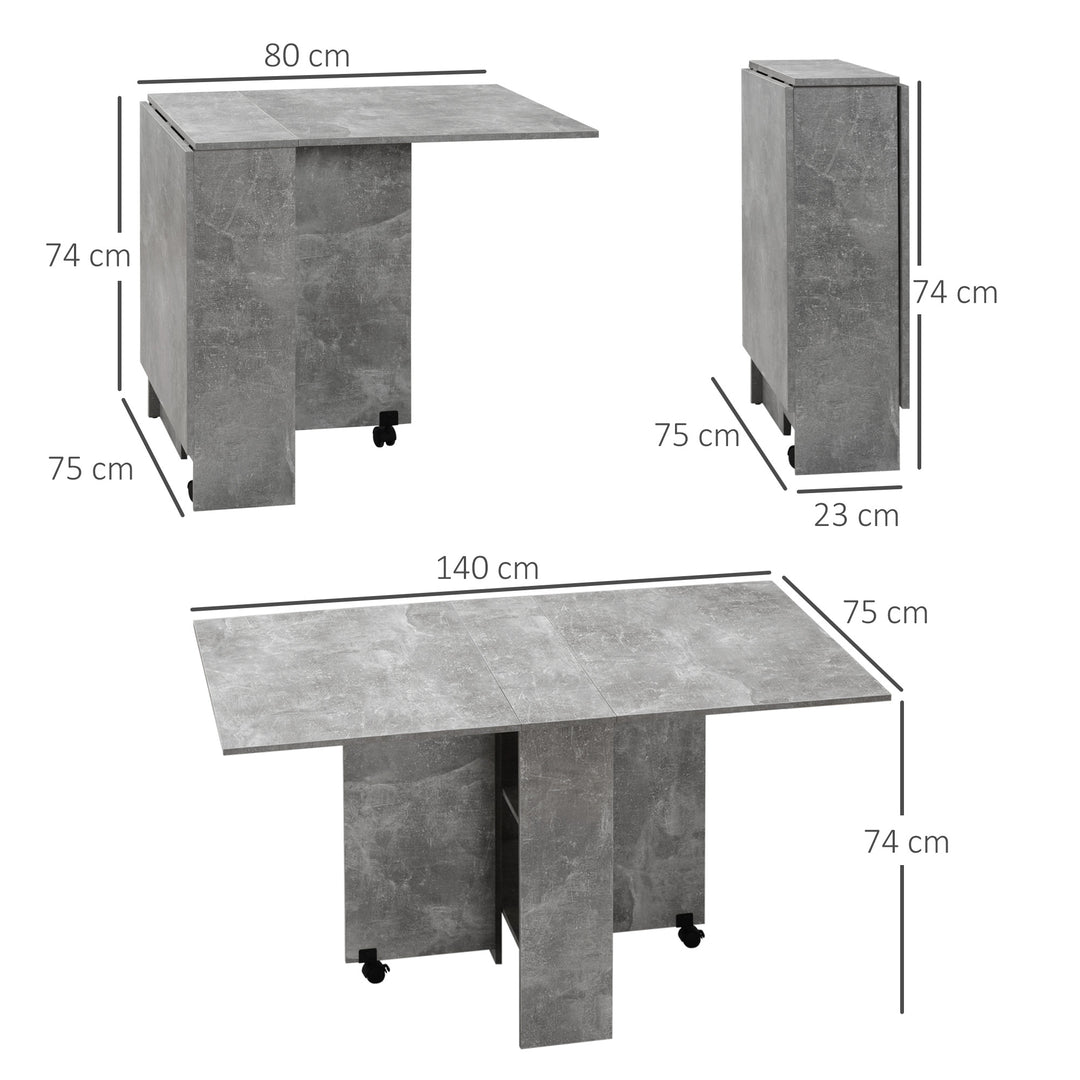 MCL Folding Dining Table, Drop Leaf Table with 2-Tier Shelves, Rolling Casters, for Small Spaces, Kitchen, Cement Grey