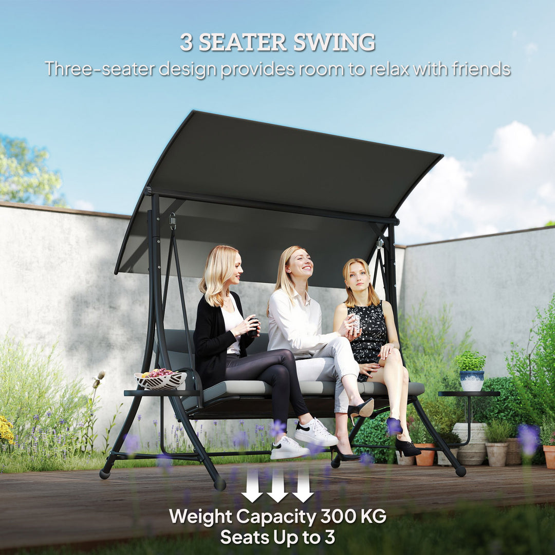 Three-Seater Garden Swing, with Adjustable Canopy - Black/Grey
