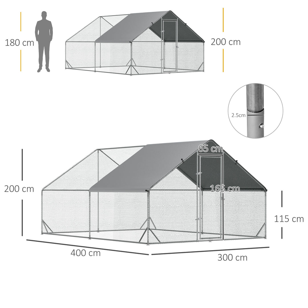 Chicken Run Galvanised Walk-in Chicken Coop Hen Poultry House Cage Rabbit Hutch Pet Playpen Garden w/ Water-Resist Cover, 3 x 4 x 2m