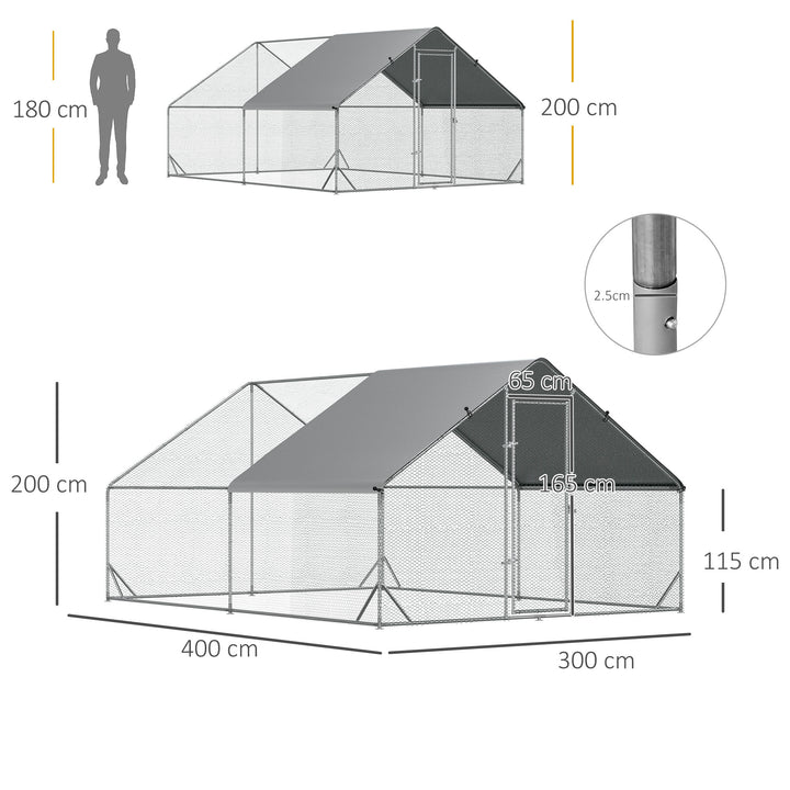 Chicken Run Galvanised Walk-in Chicken Coop Hen Poultry House Cage Rabbit Hutch Pet Playpen Garden w/ Water-Resist Cover, 3 x 4 x 2m