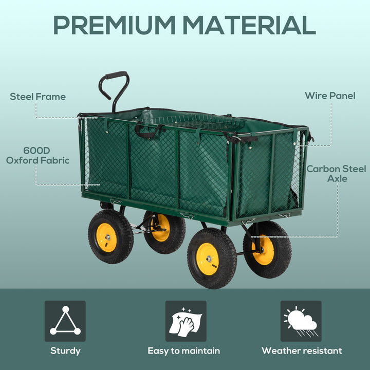 MCL Large 4 Wheel Heavy Duty Garden Cart Truck Trolley Wheelbarrow with Handle and Metal Frame - Green