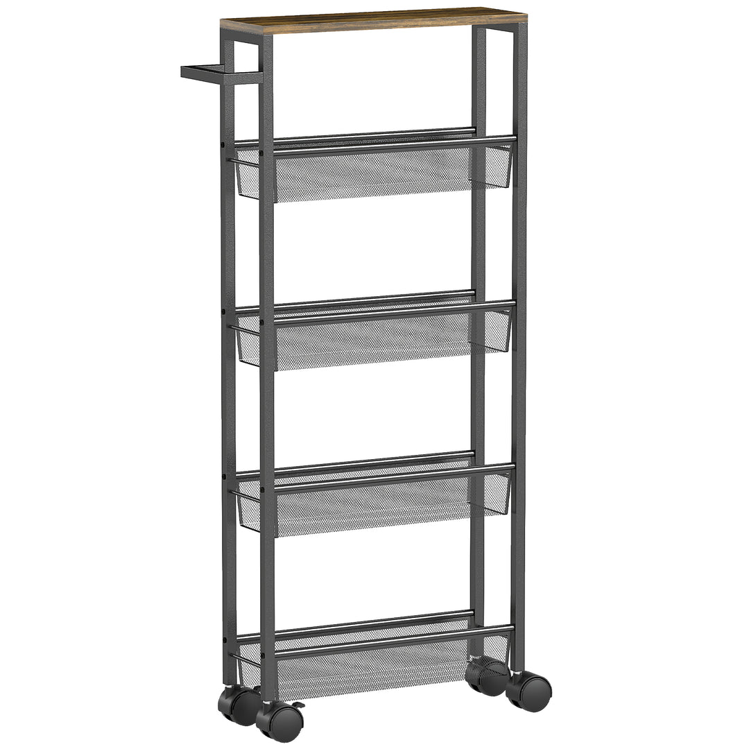 Slim Storage Trolley, 5-Tier Kitchen Cart on Wheels with Wood-effect Top, Handle for Living Room, Bathroom