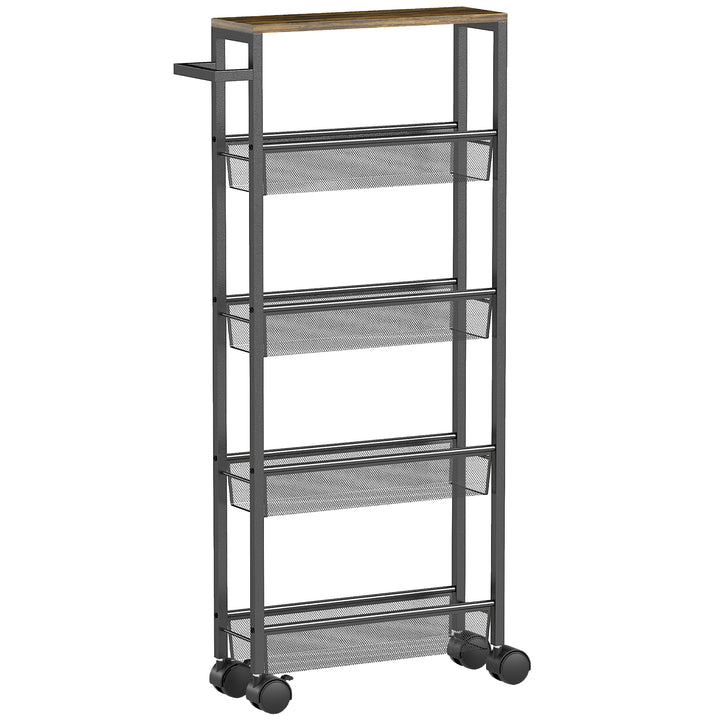 Slim Storage Trolley, 5-Tier Kitchen Cart on Wheels with Wood-effect Top, Handle for Living Room, Bathroom