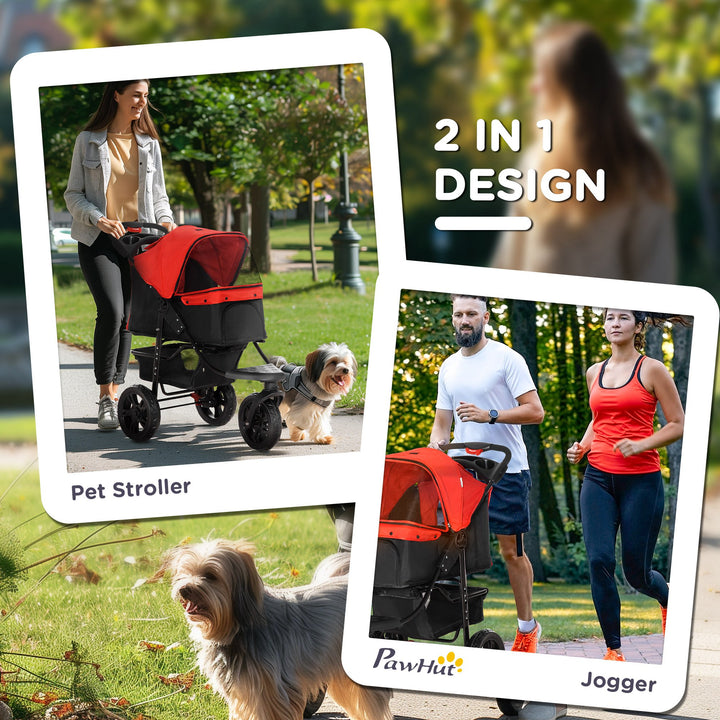 PawHut Oxford Cloth Folding 3-Wheel Pet Stroller Dog Trolley Red/Black | Aosom UK