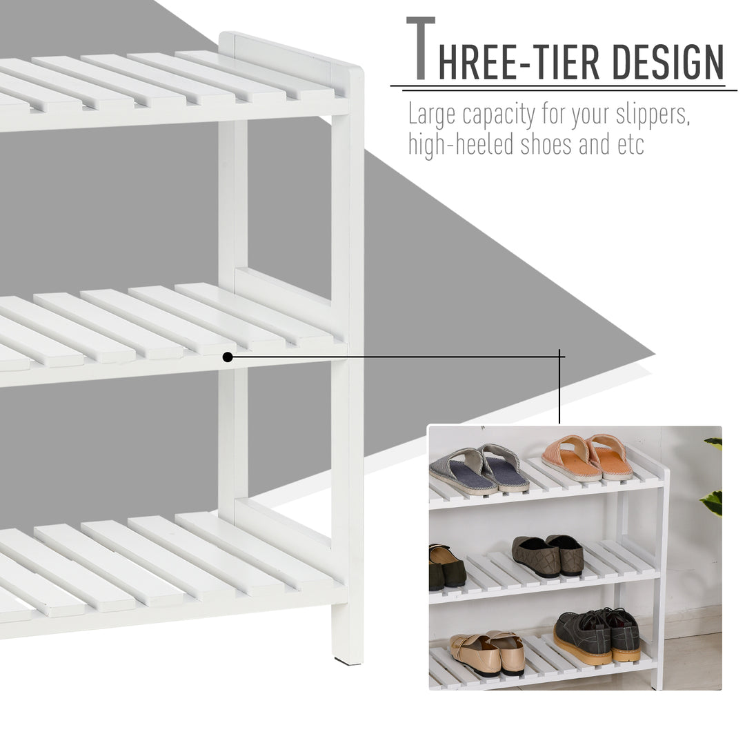 HOMCOM Shoe Sanctuary: 3-Tier Slatted Shoe Rack, Wooden Frame, Spacious and Hygienic Storage, 70L x 26W x 57.5H cm, White | Aosom UK