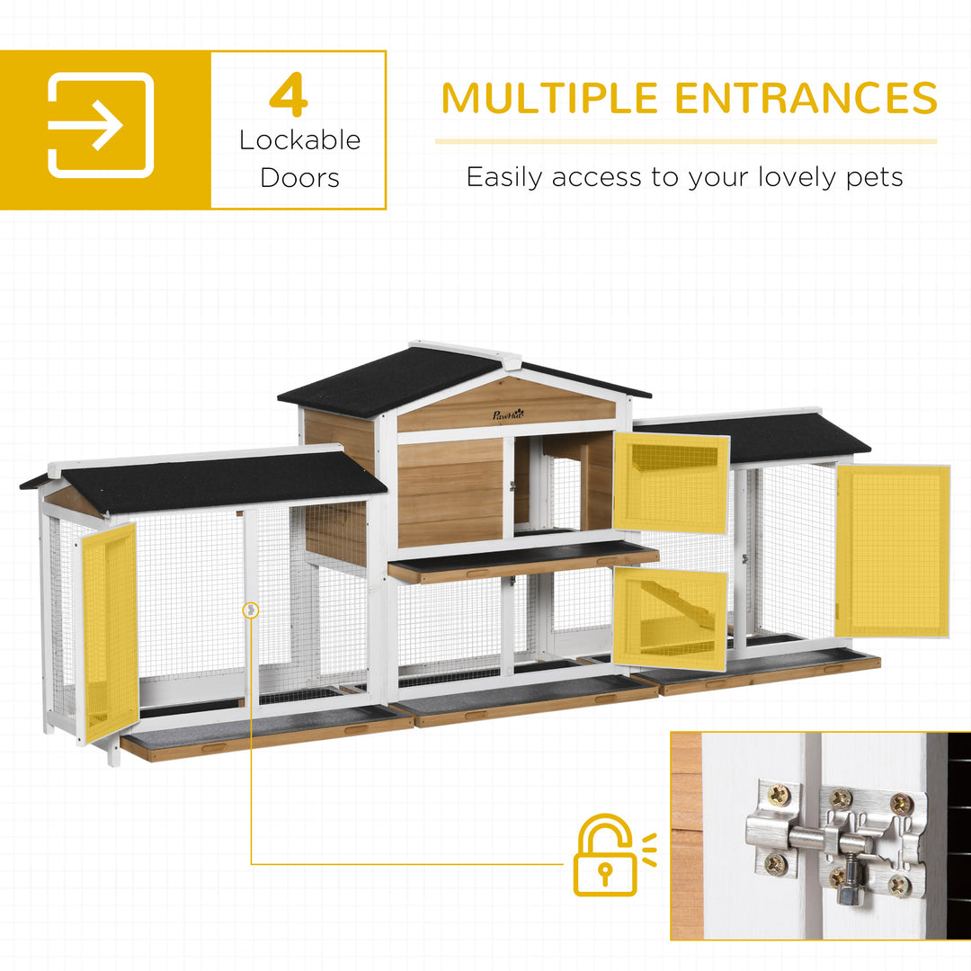 2-Tier Large Rabbit Hutch Outdoor with Double Side Run Boxes, No-leak Plastic Tray, Ramp, 230 x 53 x 93.5cm, White