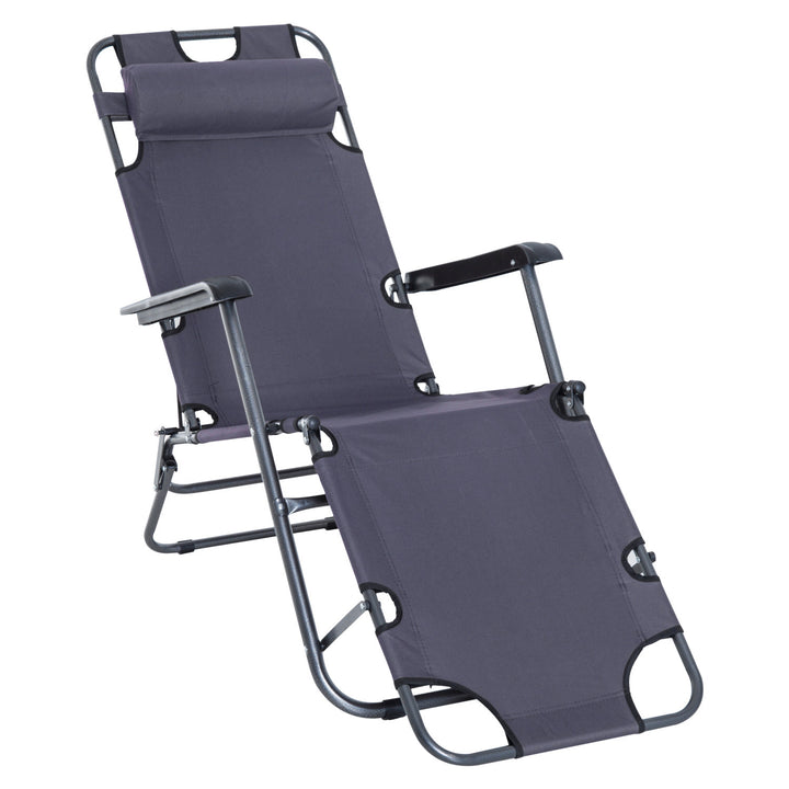 2 in 1 Folding Sun Lounger Reclining Garden Chair with 2-Level Adjustable Backrest, Outdoor Zero Gravity Recliner Garden Chair with Head Pillow and Armrests, Grey