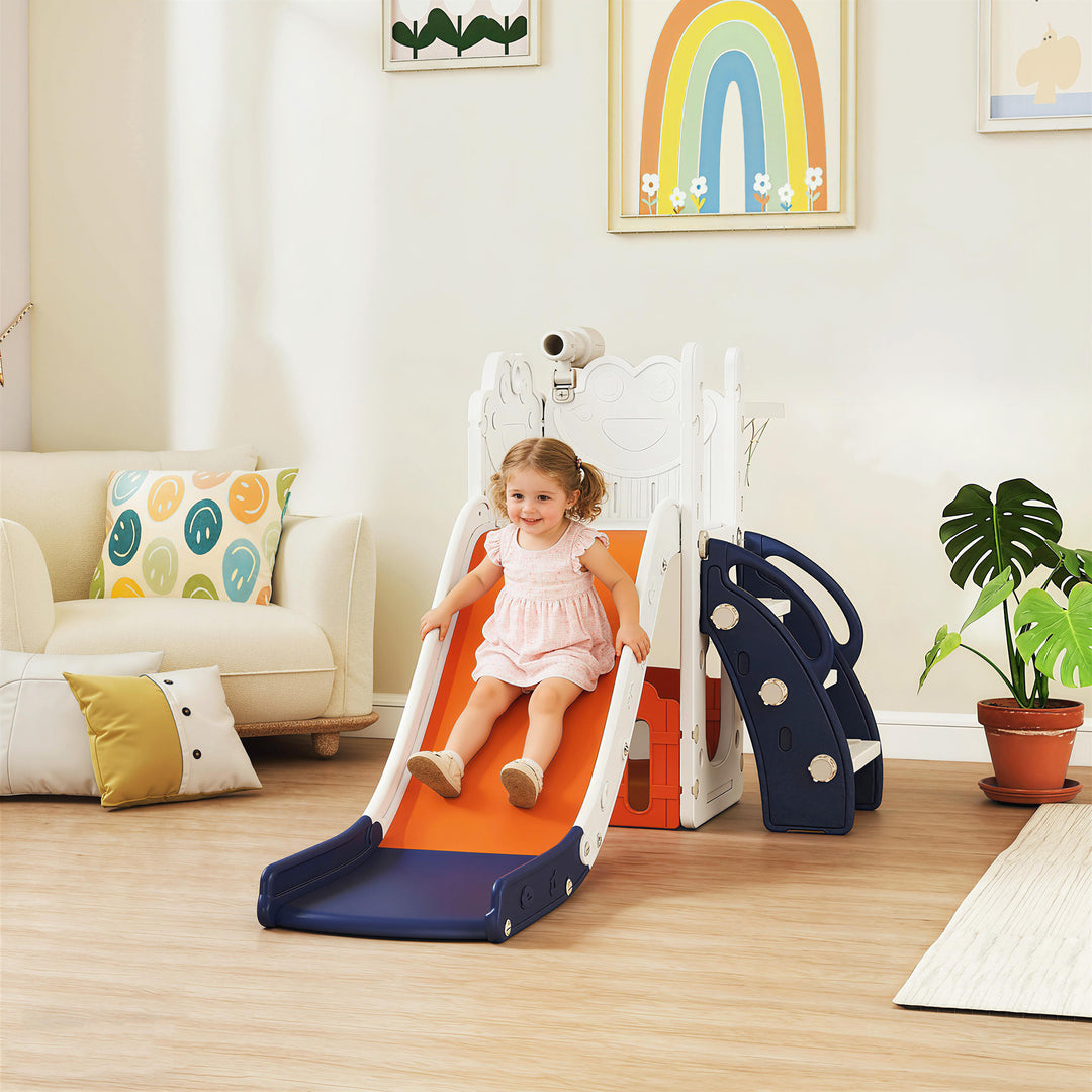 5 in 1 Kids Slide Set with Basketball Hoop, Climbing Frame, Telescope,