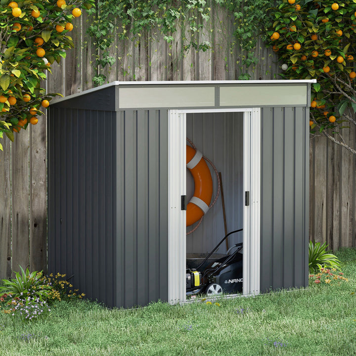 Outsunny 6.5 x 4FT Galvanised Metal Shed with Foundation, Lockable Tool Garden Shed with Double Sliding Doors and 2 Vents, Grey | Aosom UK