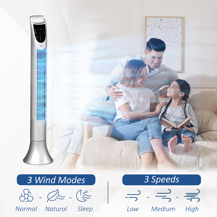 HOMCOM 36'' Freestanding Tower Fan, 3 Speed 3 Mode, 7.5h Timer, 70 Degree Oscillation, LED Panel, 5M Remote Controller, Silver | Aosom UK