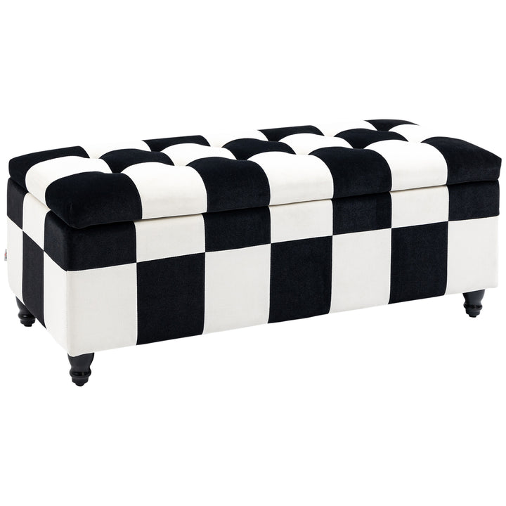 HOMCOM 114 x 47 x 47cm Velvet Storage Ottoman, Button-tufted Footstool Box, Toy Chest with Lid for Living Room, Bedroom, White and Black | Aosom UK