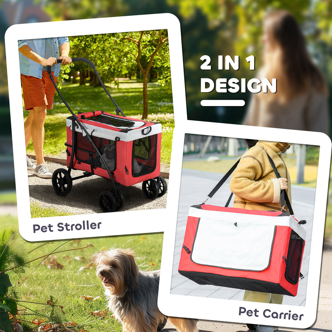 Foldable Dog Stroller, Pet Travel Crate, with Detachable Carrier, Soft Padding, for Mini, Small Dogs - Red
