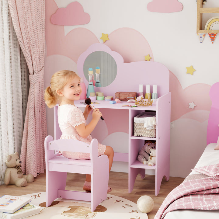 Kids Dressing Table with Mirror, Stool, Kids Vanity Table with Shelves, for Ages 3-8 Years
