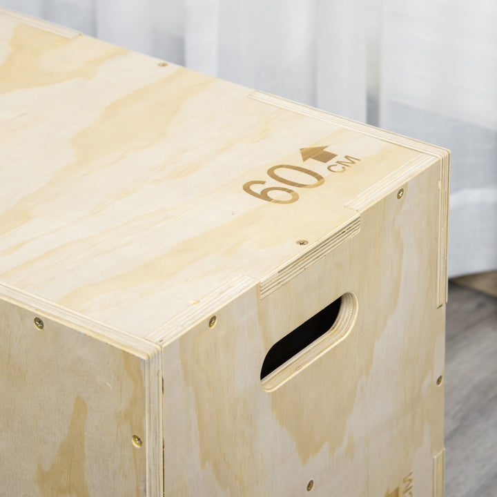 3-in-1 Wooden Plyo Box, Plyometric Jump Box with Handle Openings for Home Gym, Workout Training, Natural