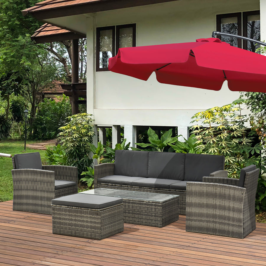 Rattan Garden Furniture Outdoor Patio 5 Piece Wicker Weave Sofa Set with Storage, Cushioned, 3-Seater Sofa + 2 Single Chairs + Foot Stool + Coffee Table