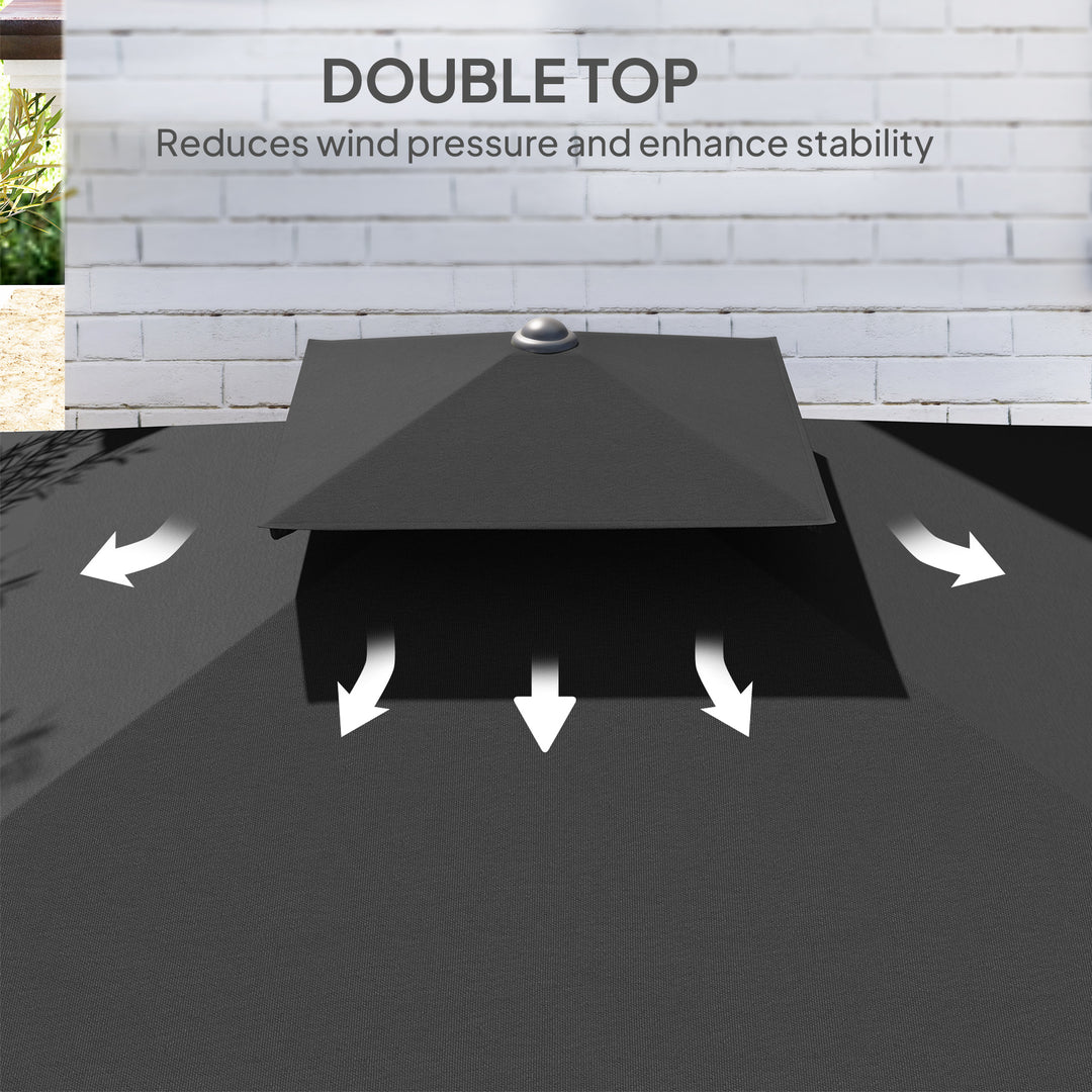 2.5m Cantilever Parasol with Easy Lever, Square Double Top Garden Parasol Umbrella with Ruffles and Cross Base, Overhanging Outdoor Sun Shades, Black