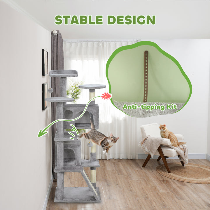 138cm Cat Tree, Multi-Level Cat Tower with Scratching Posts and Pad, Bed, Condos, Platforms, Toy Balls, Light Grey