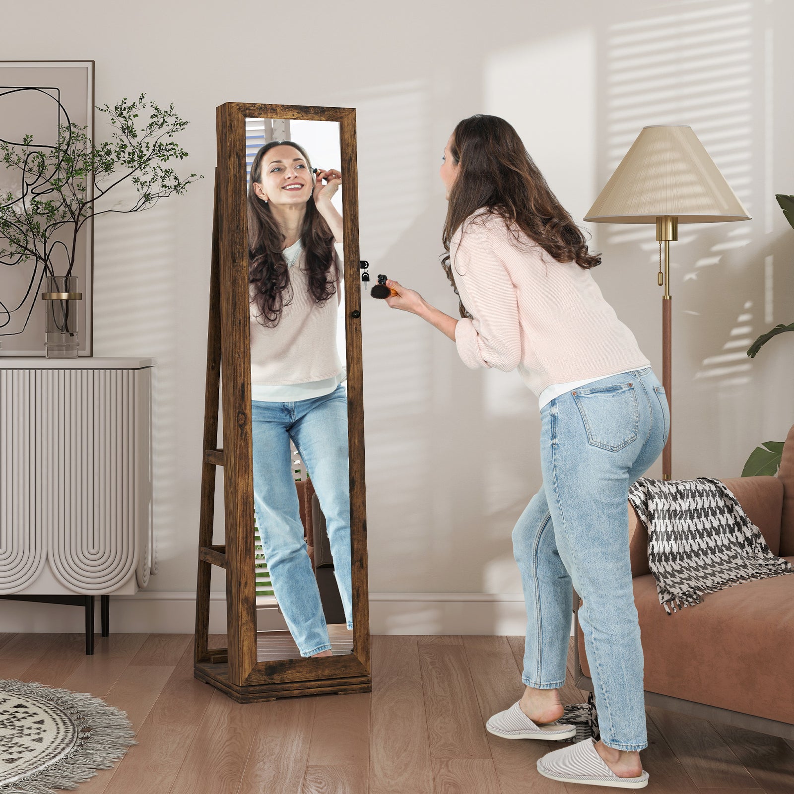 360° Swivel Jewellery Cabinet, Free Standing Full Length Mirror with Storage, Lockable Jewellery Organiser with Built-in Makeup Mirror and Storage Shelves for Bedroom, Rustic Brown