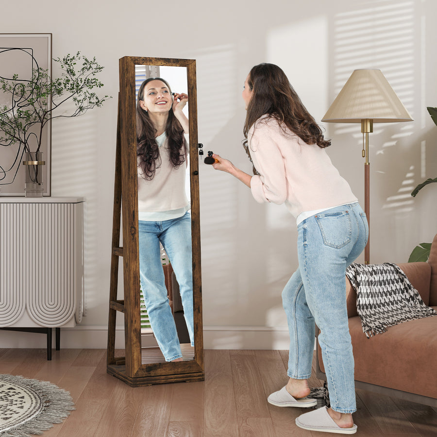 360° Swivel Jewellery Cabinet, Free Standing Full Length Mirror with Storage, Lockable Jewellery Organiser with Built-in Makeup Mirror and Storage Shelves for Bedroom, Rustic Brown