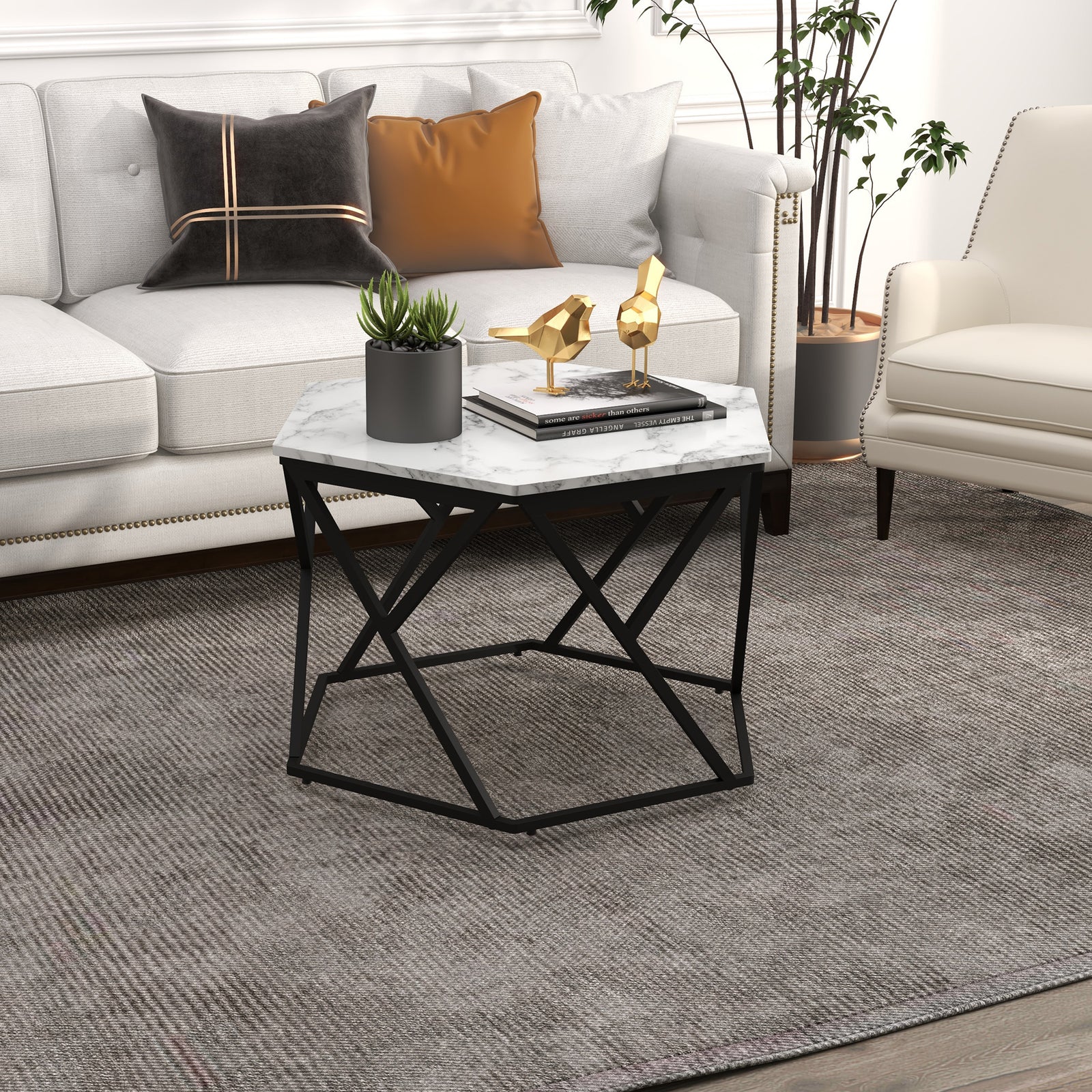 Hexagonal Coffee Table with High Gloss Marble Effect Table Top, Modern Cocktail Table with Steel Frame for Living Room, White