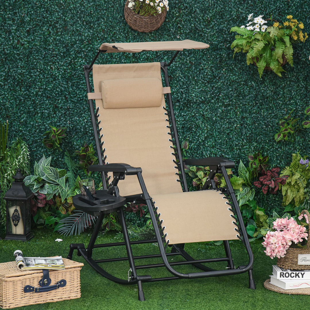 Garden Rocking Chair Folding Recliner Outdoor Adjustable Sun Lounger Rocker Zero-Gravity Seat with Headrest Side Holder Patio Deck - Beige