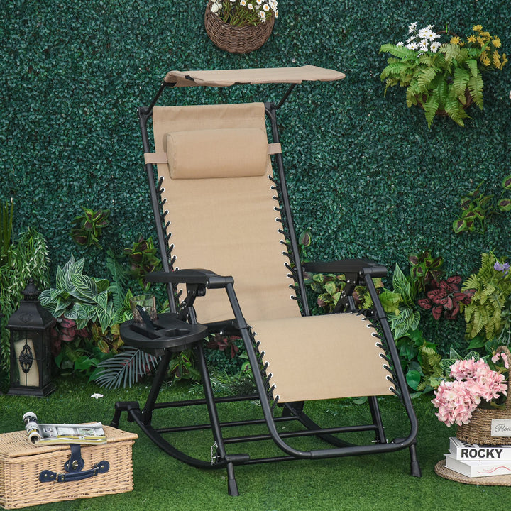 Garden Rocking Chair Folding Recliner Outdoor Adjustable Sun Lounger Rocker Zero-Gravity Seat with Headrest Side Holder Patio Deck - Beige