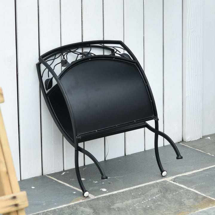 Metal Arced Firewood Log Holder Indoor Outdoor Folding Firewood Rack Fireplace Wood Storage Shelf w/ Leaf Pattern Design, Black, 43.5W x 36.5D x 41H cm