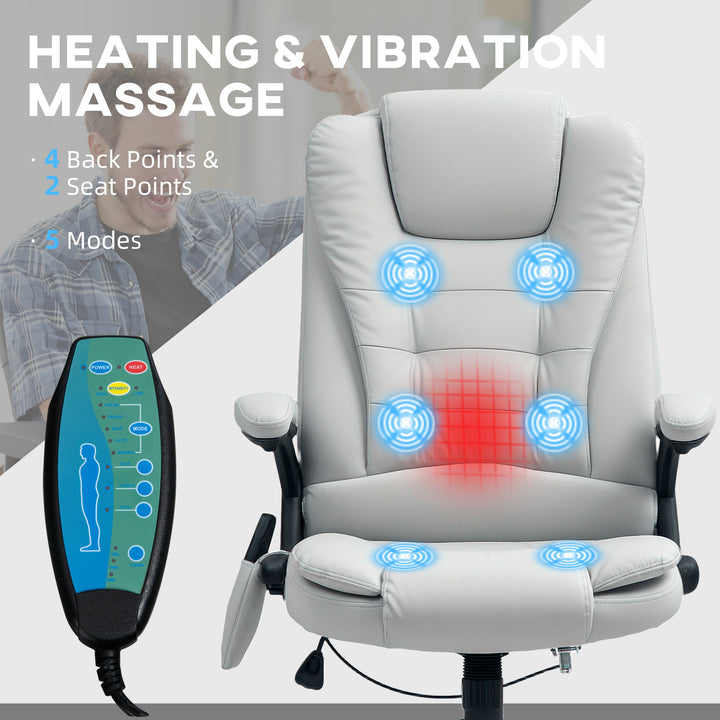 6-Point Massage Office Chair with Seat Heated for Home Office, PU Leather High Back Executive Desk Chair with Adjustable Height and 360° Swivel for Work Study, Light Grey