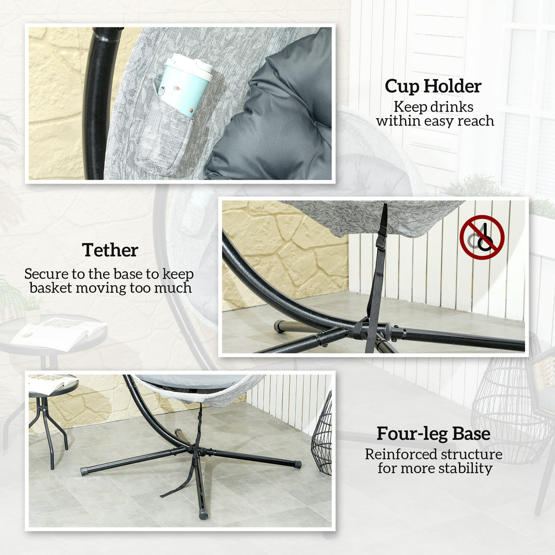 Hanging Egg Chair Outdoor Indoor Garden Swing Chair with Folding Basket, Garden Hanging Chair with Stand, Thickened Cushion, Cup Holder for Patio, Balcony, Grey