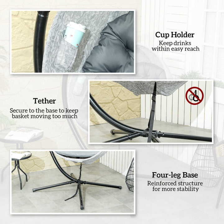 Hanging Egg Chair Outdoor Indoor Garden Swing Chair with Folding Basket, Garden Hanging Chair with Stand, Thickened Cushion, Cup Holder for Patio, Balcony, Grey
