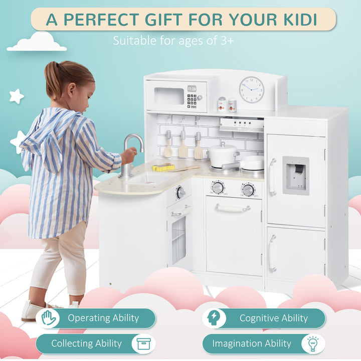 HOMCOM Kids Play Kitchen Wooden Toy Kitchen Cooking Set for Children with Drinking Fountain, Microwave, and Fridge White | Aosom UK