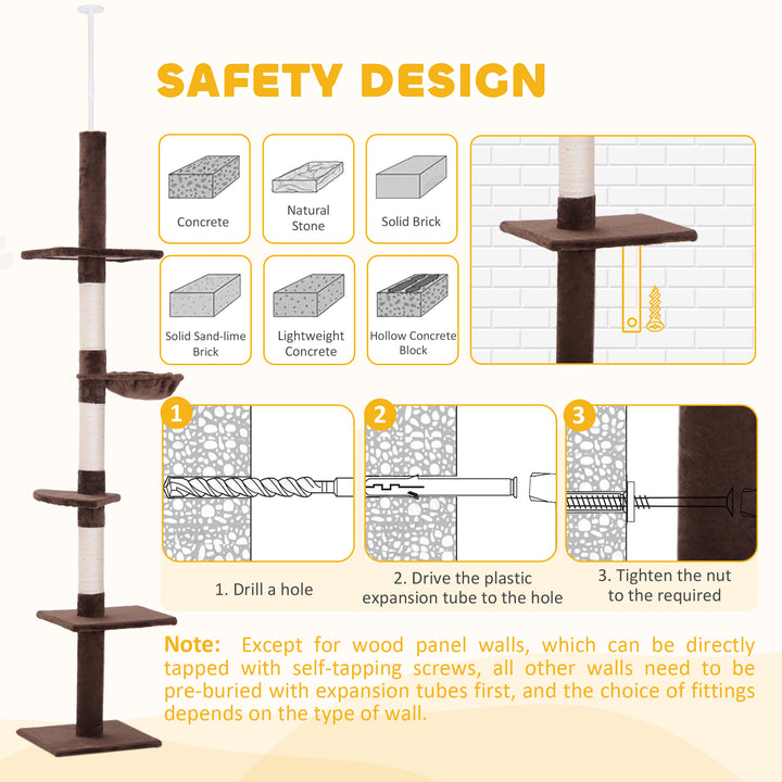 PawHut Cat Climbing Tree, 5-Tier Floor to Ceiling Adjustable Scratching Post Tower, Activity Centre, Brown, 230-260cm | Aosom UK