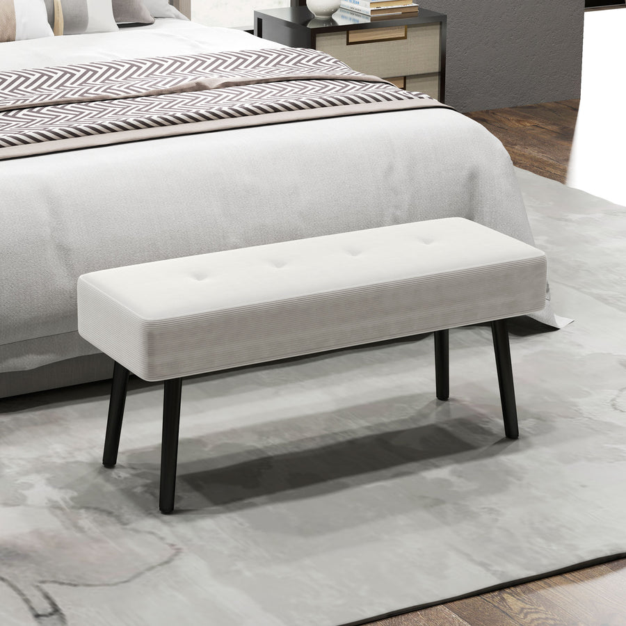 End of Bed Bench, Corduroy Bedroom Bench with Thick Padding and Steel Legs, Tufted Window Seat for Entryway, Living Room, Cream White