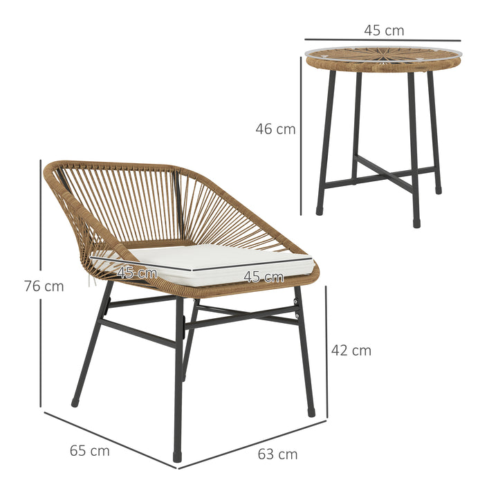 3 Pieces Rattan Bistro Set, Wicker Small Garden Table and Chairs Set with Cushions and Glass Top Coffee Table, Bistro Garden Furniture Set for Outdoor, Patio, Balcony, Natural