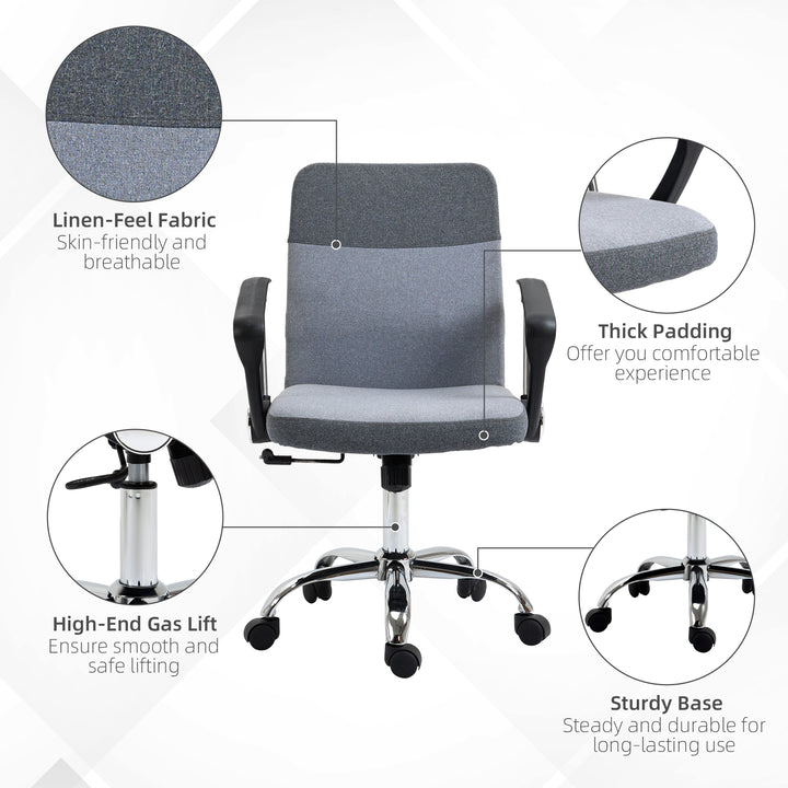 Vinsetto Linen Fabric Ergonomic Swivel Office Chair, Adjustable Desk Chair for Home Study with Wheels, Grey