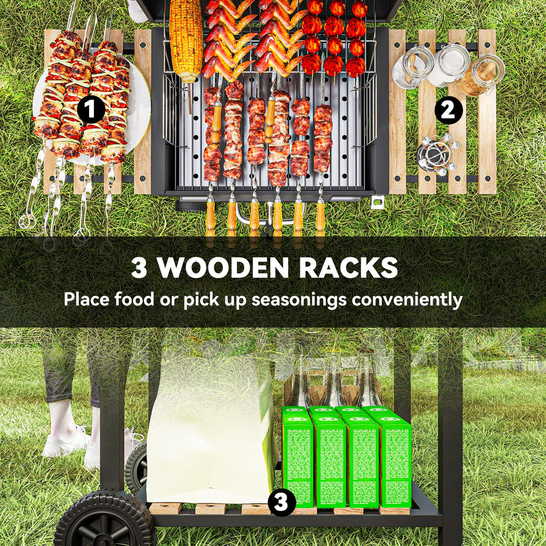 Charcoal BBQ Grill with Height Adjustable Charcoal Pan, Barbecue Smoker with Warming Rack, 3 Shelves, Temperature Gauge, Wheels, Bottle Opener for Outdoor Cooking Garden Party