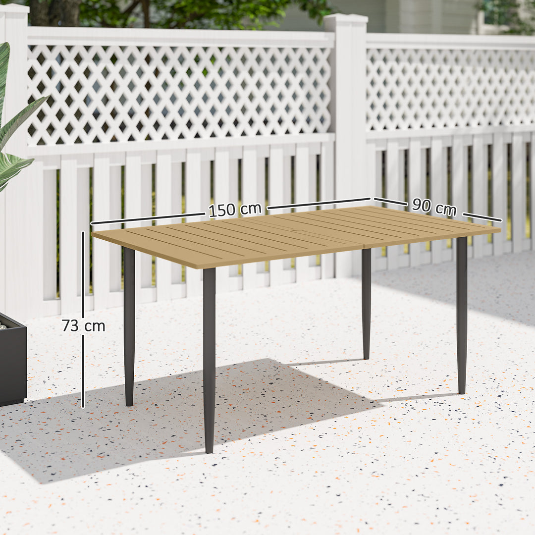 Garden Dining Table, 150 x 90 cm Rectangle Outdoor Table with 5 cm Parasol Hole, Slatted Tabletop and Steel Frame for Patio Balcony, (Table Only) Brown