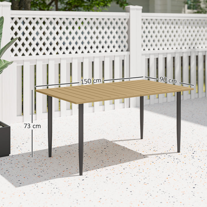 Garden Dining Table, 150 x 90 cm Rectangle Outdoor Table with 5 cm Parasol Hole, Slatted Tabletop and Steel Frame for Patio Balcony, (Table Only) Brown