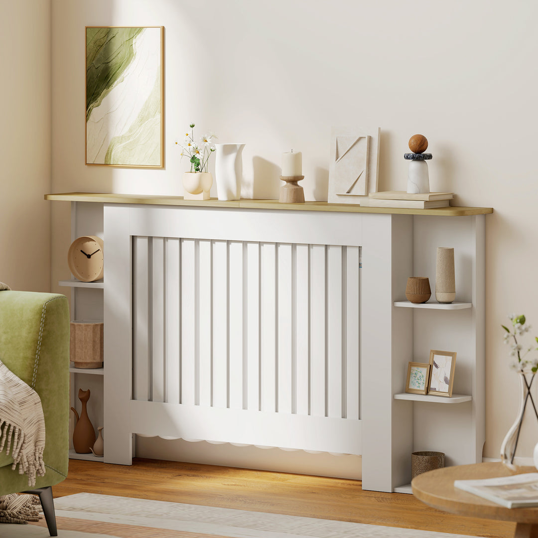 MCL Radiator Cover with Open Storage Shelves, Vertical Slatted Cabinet Shelf Heater Cover for Living Room, Hallway, Large, White (H: 83 / W: 152 / D: 19 cm)