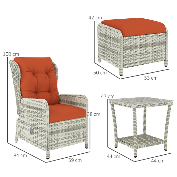 5 Pieces Rattan Bistro Set with Adjustable Back, Reclining Wicker Balcony Furniture with Cushions, Glass Top Coffee Table and Footstools, Outdoor Table and Chairs, Orange