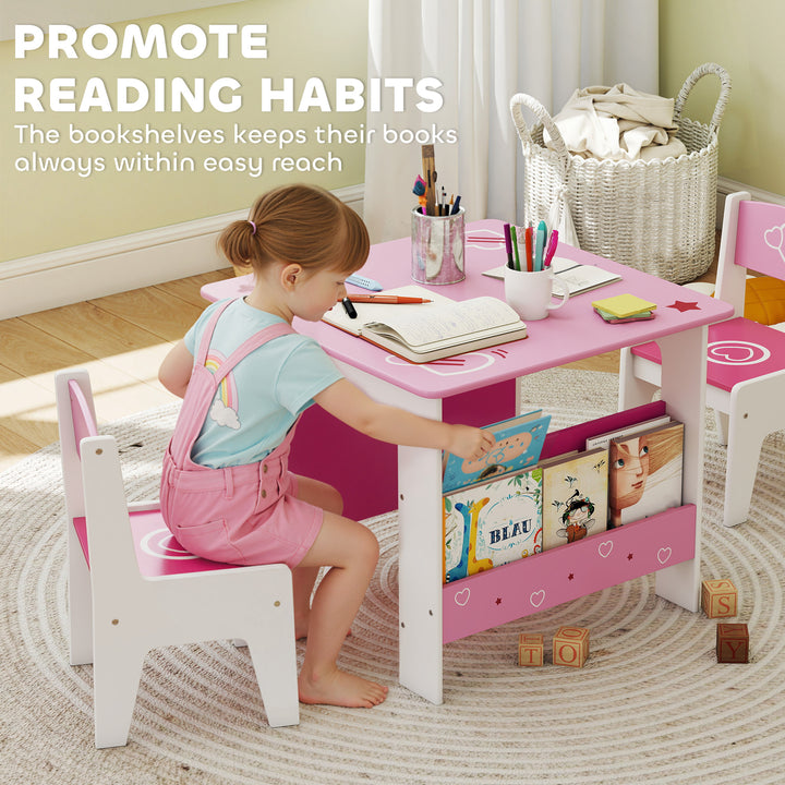 3 Pieces Kids Table and Chair Set, Toddler Activity Table with Bookshelves, for Living Room, Nursery, Playroom