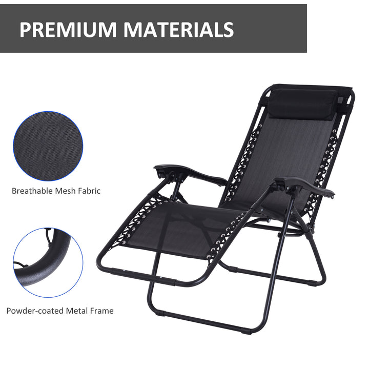 Outsunny Zero Gravity Chair Set of 2, Metal Frame Texteline Armchair Outdoor Folding and Reclining Sun Lounger with Head Pillow for Patio Decking Gardens Camping, Black