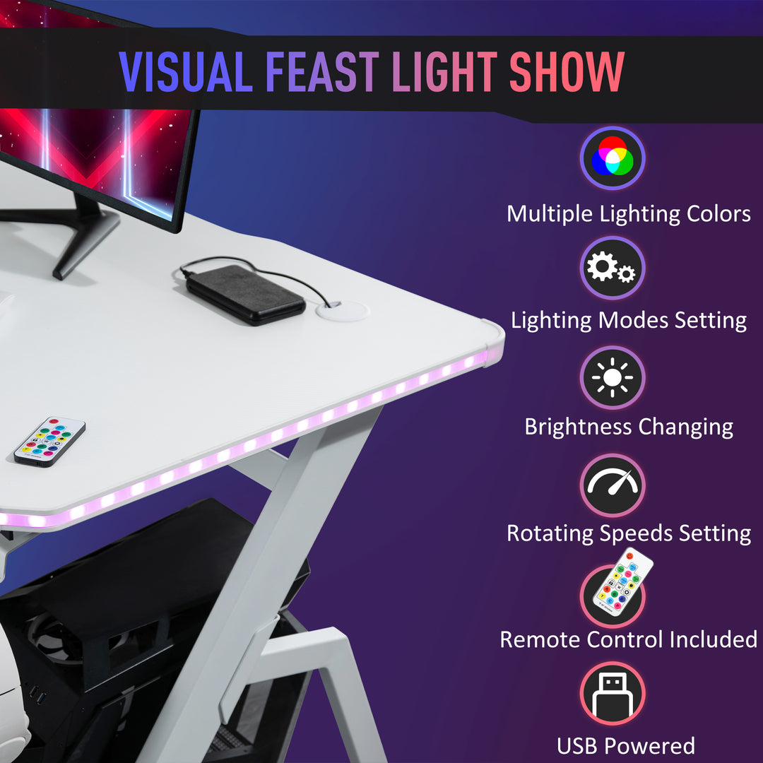 RGB 120 x 66cm Gaming Desk, Computer Table with Carbon Fibre Surface, Headphone Hook, Cup Holder, Controller Rack, Home Office Desk, White