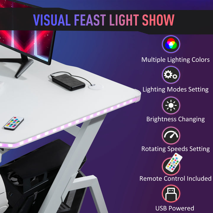 RGB 120 x 66cm Gaming Desk, Computer Table with Carbon Fibre Surface, Headphone Hook, Cup Holder, Controller Rack, Home Office Desk, White