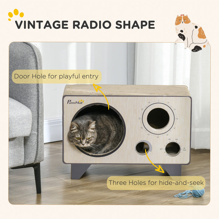 PawHut 2 in 1 Cat Scratcher, Radio Shape Cat House with Catnip, 57 x 24.5 x 39cm, Natural Wood Finish | Aosom UK