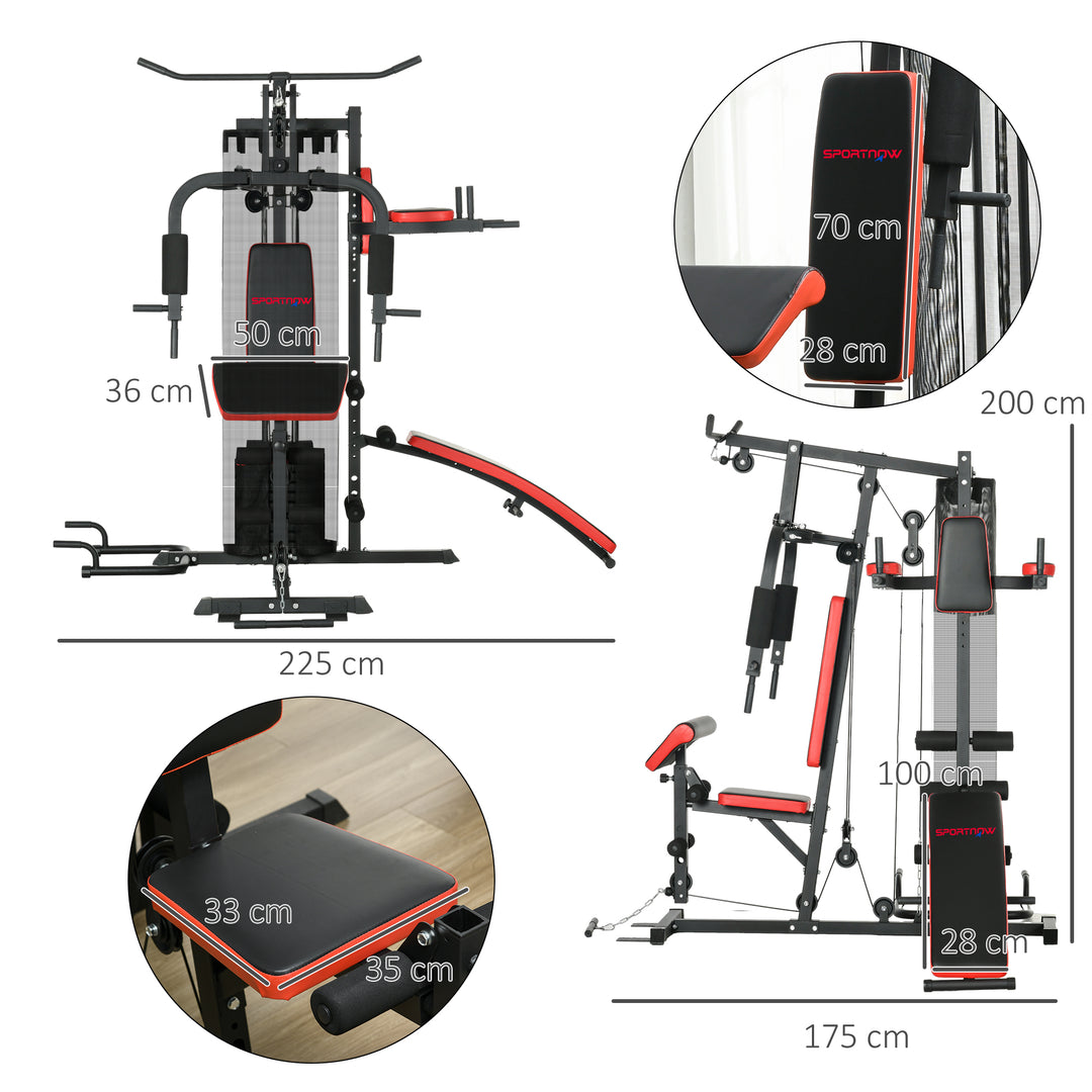 SPORTNOW Multi Gym Workout Station, Weight Machine with 65kg Weight Stack, Sit up Bench, Push up Stand, Dip Station